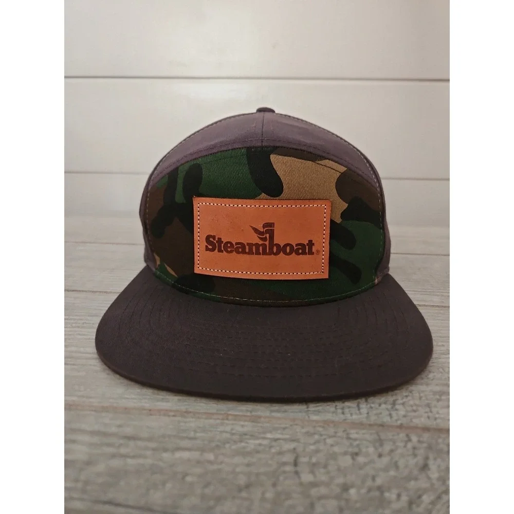 Steamboat Brown Camo Leather Patch Baseball Hat Strapback Adjustable Cap